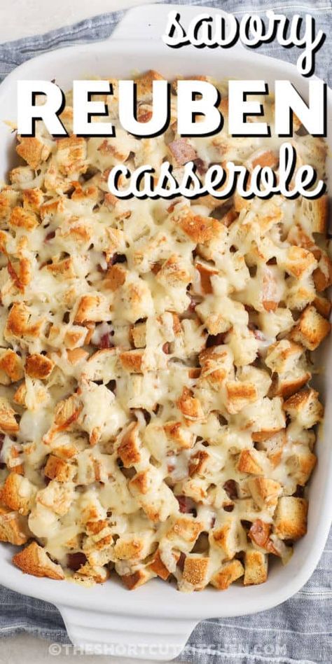 Whip up a tasty homemade Reuben casserole, with no need for separate prepping! Layer savory rye bread cubes with corned beef, sauerkraut, Swiss cheese, and Thousand Island dressing. Bake until it's bubbling with flavor! Enjoy this cozy casserole any time of the year, and capture the essence of the famous sandwich in this Reuben casserole recipe! #theshortcutkitchen #homemadereubencasserole #reubencasserole #reubencasserolerecipe Rubin Casserole Recipes, Rueban Casserole Corned Beef, Rueben Casserole Baked, Rueban Casserole, Casserole With Bread Cubes, Ruben Casserole, Rueben Casserole, Cheap Casserole Recipes, Homemade Thousand Island Dressing