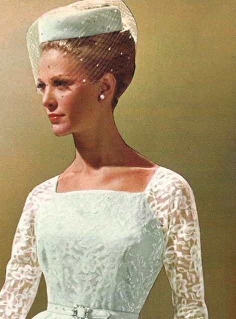 1964 bridal dress -Montgomery Ward catalog Bride With Pillbox Hat, Pillbox Hat With Veil Wedding, Pill Box Hat With Veil, Vintage Wedding Dress With Hat, Bridal Pillbox Hat, Pillbox Hat Wedding, Pillbox Hat With Veil, 1964 Fashion, Hat Veil