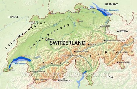 Switzerland Map Map Mountains, World Map Europe, Switzerland Map, Map Of Switzerland, Geographical Features, European Map, Physical Map, Geography Map, Geneva Switzerland