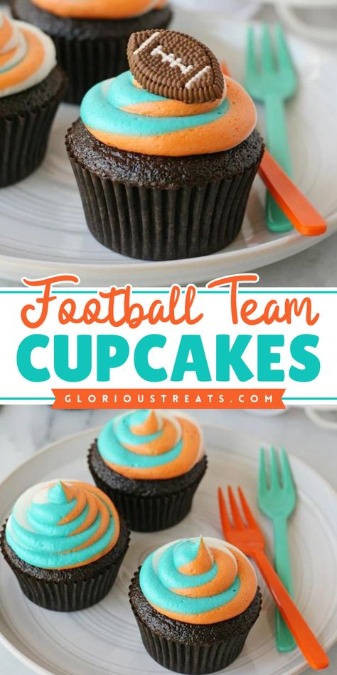 Get ready for game day with these fun Football Team Cupcakes Recipe! Perfect for easy game day recipes and football party food ideas, these tri-color frosted cupcakes are a hit for desserts for a crowd! Football Pull Apart Cupcakes, Football Game Desserts, Team Cupcakes, Football Party Food Ideas, Super Bowl Cupcakes, Football Party Treats, Flight Food, Decorative Cupcakes, Super Bowl Cupcake