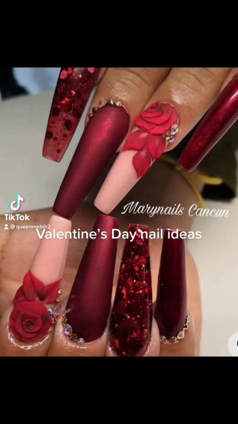 Top Trending Winter Nails Nails 2024 Trending Winter Fashion 2024 | Spring Nail Art Black Acrylic Nails With Red Roses, Burgundy Acrylic Nails With Rhinestones, Ruby Acrylic Nails, Red Bougie Nails, Red And Gold Rhinestone Nails, Garnet Nails Acrylic, Burgundy Bling Nails, Valentines Day Nails 3d, Burgundy Quince Nails