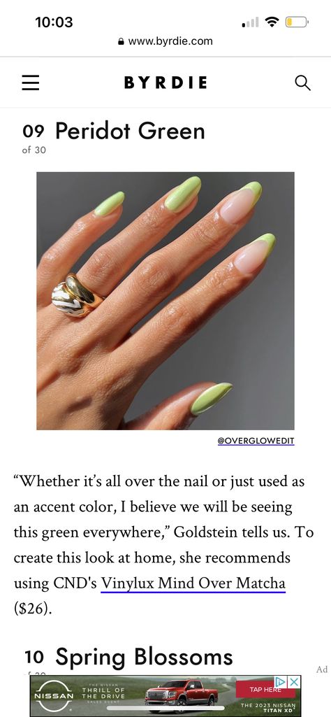 August Peridot Nails, Peridot Green Nails, Peridot Nails Designs, Peridot Nails, Cnd Vinylux, Peridot Green, Spring Blossom, Green Nails, Sale Event