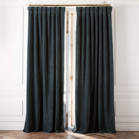 Dark Teal Organic Cotton Velvet Window Curtain Panel 48"x108'' + Reviews | CB2 Dark Teal Curtains, Two Tone Curtains, Blush Curtains, Velvet Drapery, Teal Curtains, Grey Curtains, Sheer Drapes, Curtain Hardware, Modern Curtains