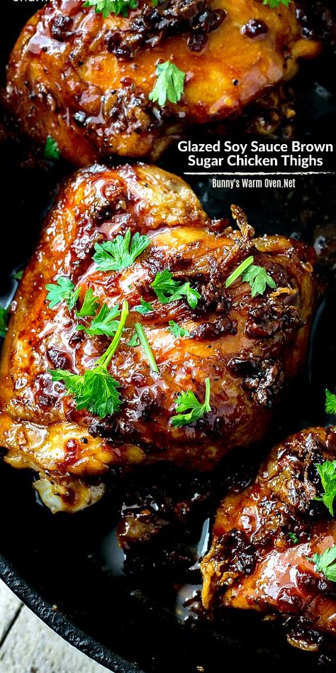 Glazed Soy Sauce Brown Sugar Chicken Thighs –  This Asian flavored dish is easy, and delicious!  Perfect for weeknight dinners. Brown Sugar Chicken Thighs, Chicken Thighs In Oven, Flavored Chicken, Juicy Grilled Chicken, Chicken Thights Recipes, Oven Baked Chicken Thighs, Bbq Chicken Thighs, Brown Sugar Chicken, Soy Sauce Chicken