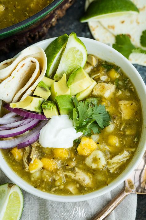 Shortcut Chicken Pozole Verde delivers the classic flavors of traditional pozole verde in much less time. This simple green chicken stew includes hominy, green chiles, jalapeños, tomatillos, and chicken. Tomatillo Chicken Soup Recipes, Crockpot Pozole Verde, Chicken Tortilla Soup Hominy, Easy Green Pozole Recipe Chicken, Green Salsa Chicken Soup, Green Chili Posole Chicken, Green Chile Posole Chicken, Mexican Turkey Soup, Authentic Green Pozole Recipe Chicken