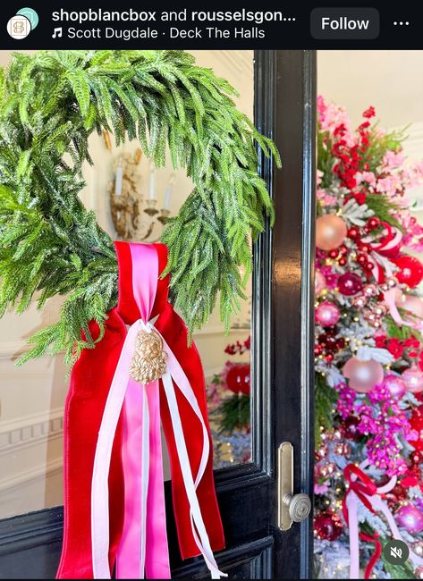 Pink Front Door Christmas Decor, Pink Green Red Christmas Tree, Pink Red And Green Christmas Decor, Pink And Red Christmas Wreath, Red Pink And Green Christmas, Red White And Green Christmas Decor, Pink Red Green Christmas, Pink Green Red Christmas, Front Door Christmas Garland