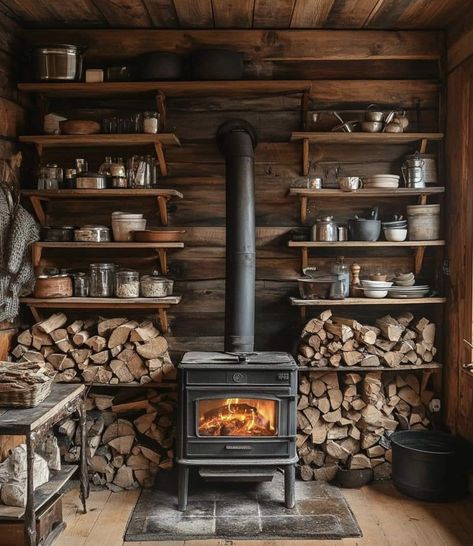 Small Cabin Wood Stove, Wood Stove Brick Wall, Stone Behind Wood Stove, Farmhouse Wood Stove, Wood Burning Stove Hearth, Vintage Wood Stove, Wood Fire Stove, Rock Backsplash, Coal Burning Stove