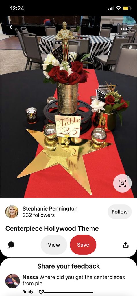 Red Carpet Theme Party Table Decorations, Oscar Table Decorations, Red Carpet Table Decor, 90s Oscars, Red Carpet Party Centerpieces, Broadway Centerpieces, Oscar Party Centerpieces, Red Carpet Centerpieces, Hollywood Centerpieces