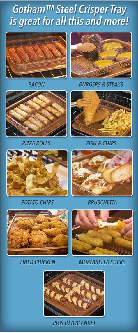 Gotham Steel Crisper Tray is great for all this; French fries, chicken strips, bacon, cheese sticks, pizza rolls, tater tots and more! No fat or oil needed! Copper Crisper Recipe, Frying Pan Recipes, Cooking Fried Chicken, Baking Rack, Fries Chicken, Copper Chef, Air Fried Food, Bacon Burger, Chicken Strips