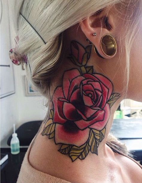 Pink Old School Rose tattoo on Neck Rose Neck Tattoo, Best Neck Tattoos, Neck Tattoos Women, Wild Tattoo, Best Tattoos For Women, Neck Tattoo For Guys, Tattoo Designs For Girls, Female Tattoo, Trendy Tattoos