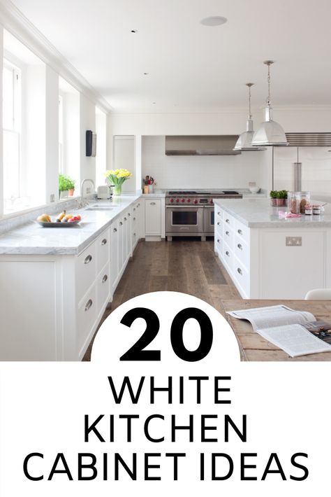 white kitchen cabinets in a kitchen with white walls and filled with light. White Kitchen Cabinet Fixtures, White Kitchen Cabinet Ideas Inspiration, Plain White Kitchen Cabinets, Shaker Style Cabinets White, White Colour Kitchen Design, Pictures Of Kitchens With White Cabinets, White Kitchens 2023, White Kitchen Shaker Cabinets, White Cupboards Kitchen