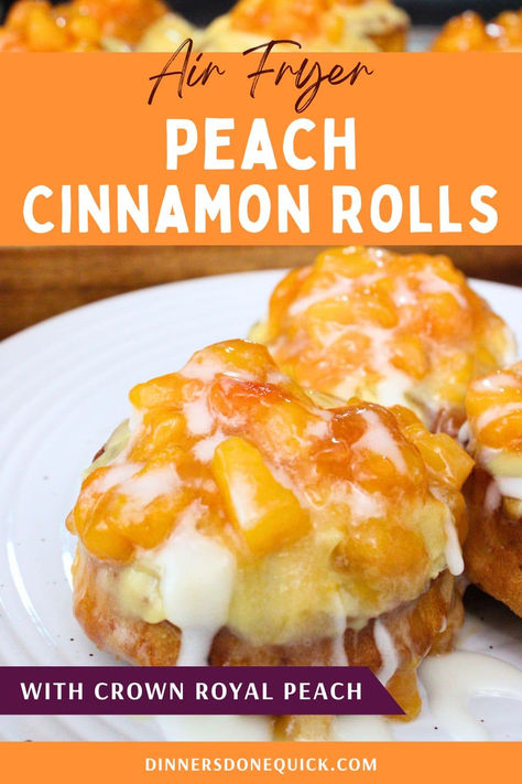 Indulge in these delectable Air Fryer Peach Cinnamon Rolls infused with Crown Royal Peach whiskey! Soft, gooey rolls topped with juicy peaches and a sweet caramel icing make for the perfect boozy treat. Ready in no time with your air fryer, these rolls are a must-try for any brunch or dessert lover. 🍑🥃 Pin and get the full recipe now! #PeachCinnamonRolls #AirFryerDessert #CrownRoyalPeach #PeachRecipes #BreakfastIdeas Peach Cinnamon Rolls, Boozy Breakfast, Pillsbury Rolls, Crown Royal Peach, Peach Whiskey, Creamy Pie, Peach Dessert Recipes, Caramel Icing, Air Fryer Recipe