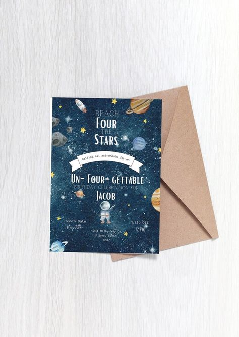 Fourth Birthday Party, Space Invitation, Rocket Party, Space Birthday Invitation, Stars Space, Space Birthday Party, Small Business Inspiration, First Birthday Party Themes, Fourth Birthday