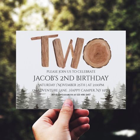 Rustic 2nd Birthday Boy Watercolor Woodland Invitation Woodland Invitation, 2nd Birthday Boy, Adventure Forest, 2nd Birthday Party For Boys, Rustic Birthday, 2nd Birthday Boys, Watercolor Woodland, Woodland Watercolor, Two Wild