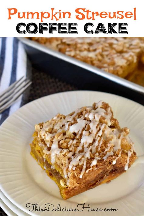 Pumpkin Streusel Coffee Cake is a deliciously moist treat that's perfect for the fall. With a brown sugar layer, tasty streusel topping, and simple glaze, you are going to love this pumpkin treat! Pumpkin Streusel Coffee Cake, Pumpkin Coffee Cake, Pumpkin Streusel, Streusel Cake, Streusel Coffee Cake, Pumpkin Coffee Cakes, Pumpkin Treat, Pumpkin Coffee, Coffee Cakes