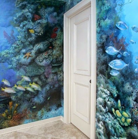 coral reef mural Under The Sea Wall Mural, Under The Sea Bathroom Ideas, Ocean Room Ideas, Sea Wall Mural, Under The Sea Bathroom, Ocean Bathroom Decor, Bathroom Wall Mural, Sea Murals, Ocean Mural