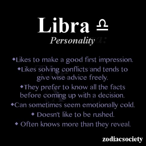 Libra Personality: likes to make a good first impression, likes solving conflicts and tends to give wise advice freely. Description from pinterest.com. I searched for this on bing.com/images Libra Characteristics, Libra Scorpio Cusp, برج الميزان, Libra Personality, Libra Girl, All About Libra, Libra Woman, Libra Life, Libra Traits