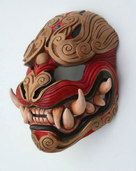 Japanese Demon Oni mask made out of wood and red and brown. Hannya Maske, Mascara Oni, Lion Mask, Fu Dog, Japanese Mask, Oni Mask, Red Color Schemes, Cool Masks, Masks Art