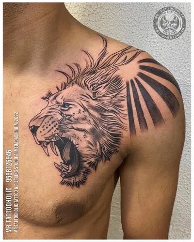 Lion Chest Tattoo Design, Lion Tattoo On Chest For Men, Sun Rays Shoulder Tattoo, Leo Tattoos Men, Lion Tattoo Chest, Leo Tattoo For Men, Lion Face Tattoo, Chest Tattoo Sketches, Lion Chest Tattoo