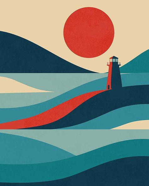 Jay Fleck on Instagram: “Lighthouse #illustration #vectorart #ocean #sun #adobeillustrator #sea #lighthouse #retro #illustrator #vectorillustration” Lighthouse Illustration, Lighthouse Poster, Sea Lighthouse, Lighthouse Art, Simple Canvas Paintings, Gouache Art, Soyut Sanat Tabloları, Small Canvas Art, Minimalist Painting