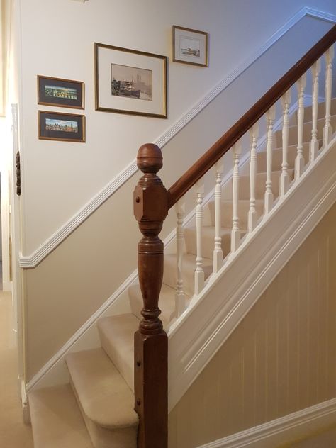 Dado Rail Stairs Hallways, Railings Hallway Farrow Ball, Joas White Farrow And Ball Hallway, Railings Woodwork Farrow And Ball, Joas White Farrow And Ball, Farrow And Ball Railings Stair Bannister, Stairs Dado Rail, Dado Rail Hallway, Farrow And Ball Hallway