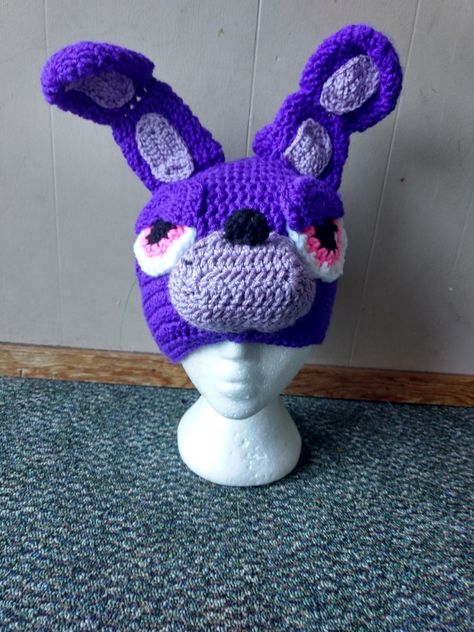 Bonnie from five nights at freddys. From chic crochet. No pattern, customer order. Fnaf Crochet Hat, Crochet Five Nights At Freddys, Crochet Fnaf, Fnaf Crochet, Chic Crochet, Funky Hats, Crochet Kids Hats, Crochet Geek, Crochet Frog