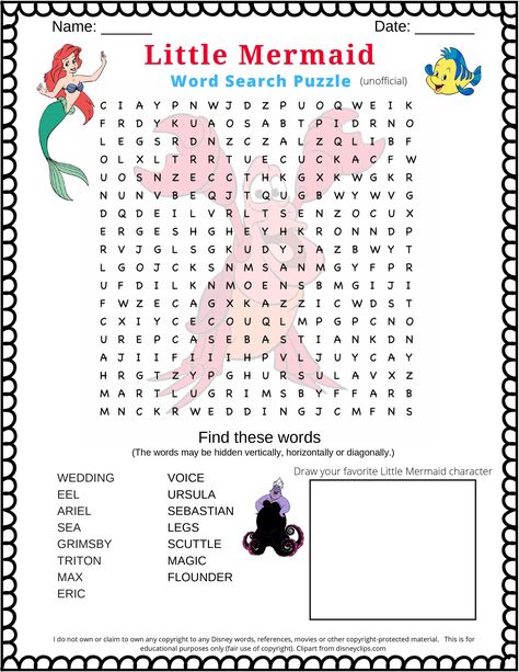 Word search puzzle for kids about The Little Mermaid.  The 1989 Disney animated movie. The word find has 15 words hidden and your children have to try and find them. It is a fun screen-free activity. Mermaid Word Search, Disney Printables Free Activities, Disney Activity Pages, Mermaid Activity Sheets, Disney Word Search Printables, Princess Activities For Kids, Disney Worksheets, Disney Word Search, Disney Coloring Pages Printables