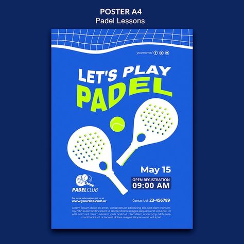 Free PSD flat design padel lessons templ... | Free Psd #Freepik #freepsd #padel #tennis #tennis-poster #padel-tennis Padel Tournament Poster, Flat Poster Design, Sport Magazine Design, Playful Poster Design, Padel Tournament, Sports Magazine Design, Tennis Poster, Tennis Posters, Tennis Art