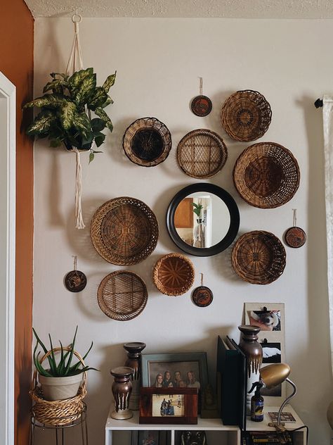 This Boho wicker basket wall took me about 2 hours to get just right before i was happy with jt. Basket Wall Decor Bedroom, Wicker Basket Wall Decor, Basket On Wall, Wicker Basket Decor, Basket Walls, Wicker Basket Wall, Boho Bedroom Colorful, Boho Bedroom Ideas Hippie, Basket Wall Art