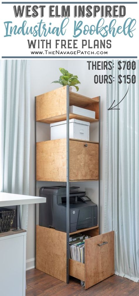 West Elm Inspired DIY Industrial Bookshelf With Free Plans | West Elm knock-off DIY industrial storage tower | How to build a filing cabinet | DIY craft room storage with roll-out filing cabinet | DIY roll-out filing cabinet | How to build a DIY industrial bookcase | DIY Fabric storage ideas | #TheNavagePatch #DIY #WestElm #Knockoff #HowTo #FreePlans #DIYfurniture #PaintedFurniture #IndustrialFurniture #FilingCabinet #RolloutStorage #Farmhouse #CraftRoom #DIYOrganization |TheNavagePatch.com Diy Industrial Bookshelf, Industrial Diy Decoration Ideas, Diy Industrial Home Decor, Industrial Design Ideas, Diy Craft Room Storage, Bookshelf Diy, West Elm Inspired, Diy Industrial Furniture, Industrial Diy