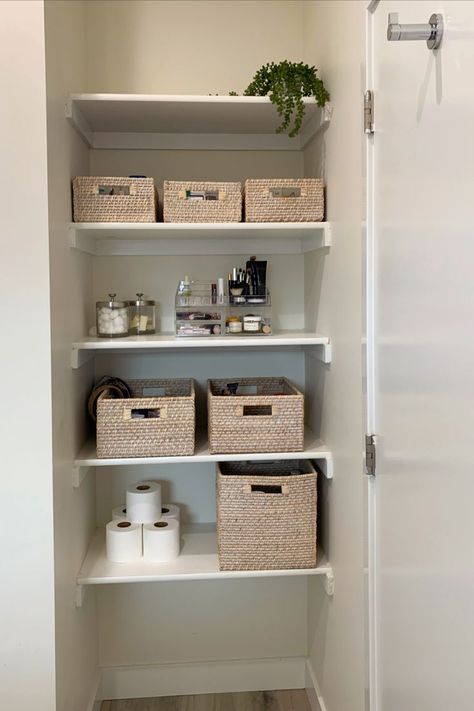 Open Shelving Organization, Wooden Closet Shelves, Shelving Organization, Linen Closet Makeover, Bathroom Closet Organization, Bathroom Shelf Organization, Open Bathroom, Wooden Closet, Bathroom Shelf Decor