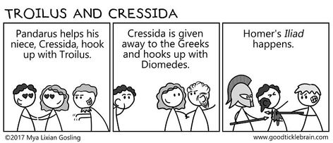 Troilus & Cressida — Good Tickle Brain Troilus And Cressida, Homer Iliad, Stick Figures, Chorus, Brain, Comics, Stick Figure