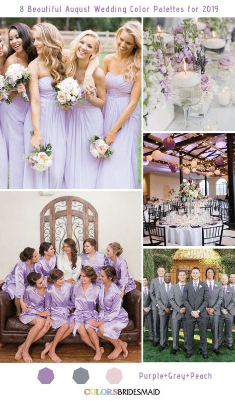 8 Beautiful August Wedding Color Palettes for 2019 -No.6 Purple, Grey and Peach #colsbm #bridesmaids #weddings #weddingideas #summerweddding b955 March Wedding Colors, August Wedding Colors, Lavender Wedding Theme, Spring Wedding Color Palette, Wedding Color Palettes, Violet Wedding, Purple Stuff, Purple Wedding Theme, Wedding Colors Purple