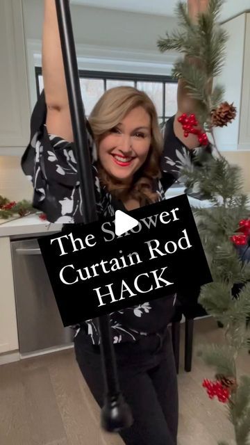 Jennifer Valentyne on Instagram: "I had to try the viral shower curtain rod hack to hang garland on my kitchen window. So easy and you can remove it and brace it somewhere else. If you try it let me know! Here’s what you need… •shower curtain rod •garland •wire and more branches if you choose •lights  Just wrap it around the rod and let the sides hang  #christmasdecor #garland #hack" Christmas Curtains Kitchen, Shower Curtain Rod Christmas Garland, Shower Curtain Garland, Garland On Curtain Rod, Garland Around Kitchen Window, Shower Rod Christmas Garland, Tension Rod Christmas Garland, Curtain Rod Garland, Kitchen Window Garland