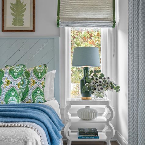 Bring on the May flowers! Cool spring tones and floral patterns bring this lovely primary bedroom, designed by @lizwilliamsinteriors, to life. See the rest of this home in the April issue of @atlantahomesmag. Pictured is the Alia Lamp in Dark Green @emilyfollowillphotographer Beach Day Instagram, Seagrove Florida, Primary Bedrooms, Colorful Coastal, Blue Sectional, Built In Banquette, Seagrove Beach, Blue Paint Colors, Coastal Bedrooms