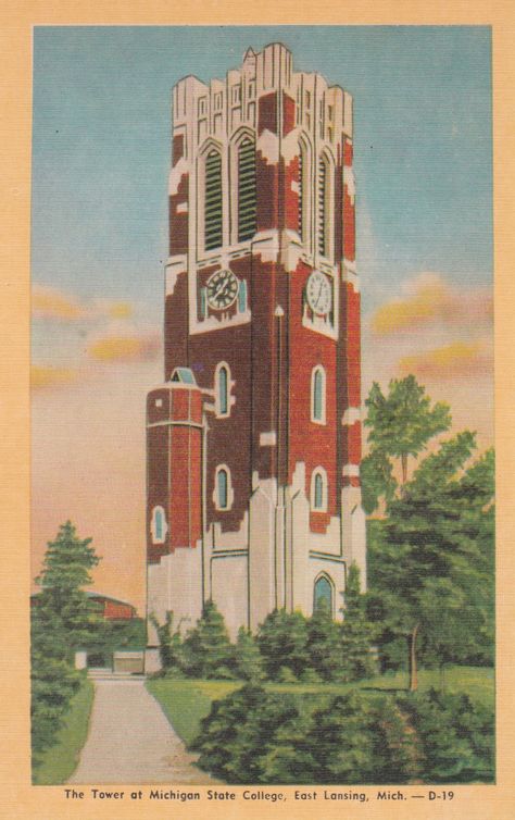 "The Tower at Michigan State College, East Lansing, Mich." Beaumont Tower, MSU. Date unknown. Vintage Michigan Posters, Michigan State Aesthetic, Michigan State University Dorm, Bar Posters, Michigan Poster, East Lansing Michigan, Paddle Ideas, Poster Collage, Msu Spartans