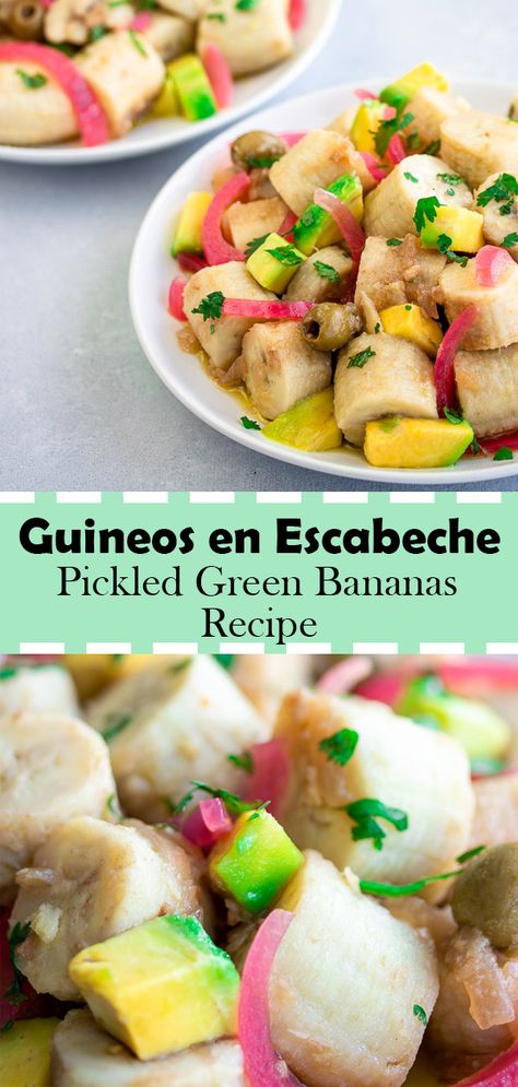 Guineos en Escabeche is a delicious pickled unripe green banana salad that is perfect year-round and is very easy to make! The word “Guineos” is in many instances used throughout the Caribbean Islands (mainly Puerto Rico) to refer to “bananas”. But, these aren’t your regular Chiquita brand bananas; they are a little smaller in size compared to the Chiquita bananas. However, size is the only difference between the two.#bananas #salad #pickled #puertorico #vegan #vegetarian #recipe Escabeche Recipe, Jamaican Desserts, Banana Salad, How To Cook Greens, The Caribbean Islands, Puerto Rican Dishes, Boricua Recipes, July Recipes, Rican Food