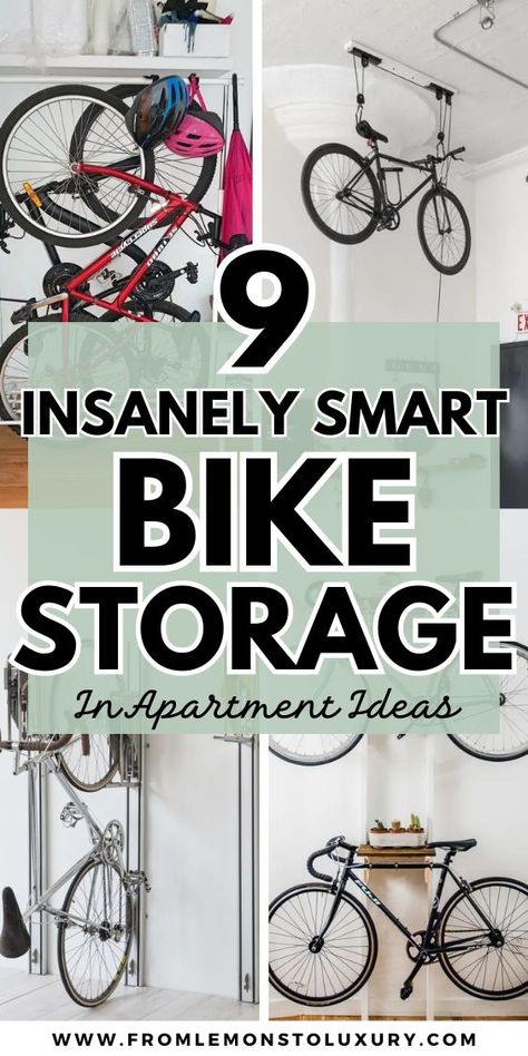 In Home Bike Storage, Hanging A Bike On The Wall, Bike Storage Apartment Space Saving, Bike Storage Apartment Wall, Bike Hanging Ideas Small Spaces, Small Apartment Bike Storage Ideas, Hallway Bike Storage, Indoor Mountain Bike Storage, Hanging Bike Storage