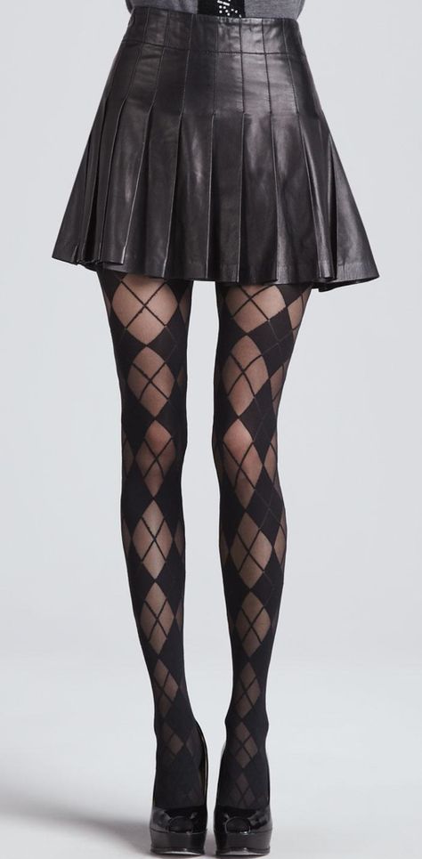 Skirt complete with leather, pleats, and short length? With tights that are black, sheer, and patterned with argyle? Yes please! Argyle Tights, Skirt Tights, Black Leather Skirt, Leather Pleated Skirt, Leather Skirts, Stocking Tights, Short Skirt, Tight Leggings, Alice Olivia