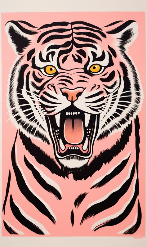 An exquisite interwar tiger print, with bold graphic illustrations and intense colors, echoing the artistic innovations of 1918–1939, embodying the essence of the criterion collection and strip painting, a treasure for lovers of vintage, bold graphic art. Tiger Face Illustration, Criterion Collection, The Criterion Collection, Tiger Illustration, Face Illustration, Graphic Illustrations, Pencil Painting, Tiger Face, Japanese Embroidery