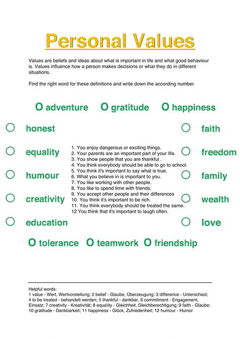 Personal Values Worksheet, Values Inculcation Activities, Values Clarification, Values Worksheet, Personal Core Values, Values List, Personal Qualities, High School Activities, Summative Assessment