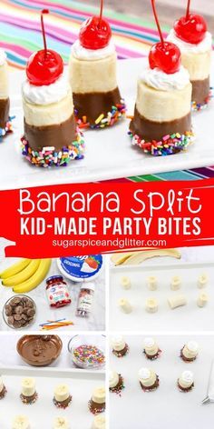 Fun Kids Desserts, Banana Split Bites, Easy Desserts For Kids, Recipes Kids Can Make, Preschool Cooking, Banana Split Dessert, Kids Cooking Recipes, Food Activities, Kid Desserts