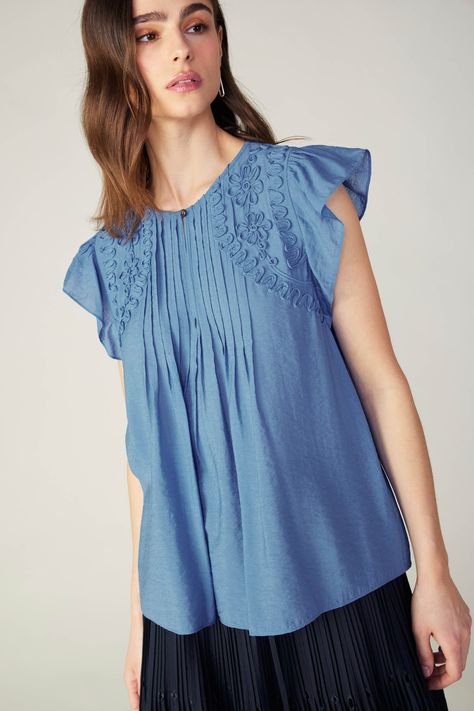 Embroidered accents, delicate pleats, embroidered eyelet trim—the details add sweetness to this airy short-sleeve blouse. The fit is relaxed, enhanced by a buttoned neckline and subtle gathers. •Embroidered accents •Cap sleeves •Eyelet trim •Relaxed fit Item number 2430084 Blue Embroidered Top, Bell Design, Embroidered Cap, Cap Sleeve Top, Embroidered Caps, Print Trends, Embroidered Denim, Sweater Sale, Sweater Blouse