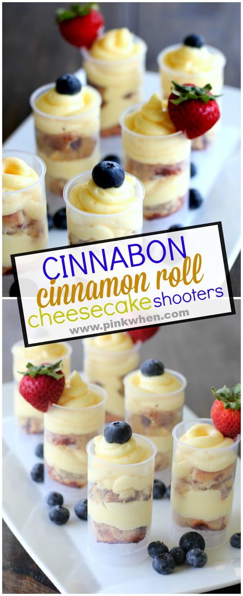 Cinnabon Cinnamon Roll Cheesecake Shooter www.pinkwhen.com Cinnamon Roll Parfait, Mini Cheesecake Shooters, Breakfast Shooters, Desert Shooters, Shooters Recipes, Trifle Cups, Mini Dessert Shooters, Cake Shooters, Dessert Shooters Recipes