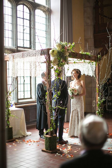 Lace-draped chuppah.  Coordination/Design: Allison Miller, Kirkbrides / Floral Decor/Lighting: The Budding Tree. Tree Wedding Ceremony, Wedding Chuppah, Jewish Wedding Ceremony, Wedding Altars, Cleveland Wedding, Ceremony Backdrop, Mod Wedding, My Mouth, Jewish Wedding