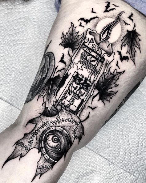 Angelo Parente on Instagram: “Black Flame Candle 🕯🍁 #hocuspocus . . . #blackwork #inkedmag #dotworker #hocuspocustattoo #halloweentattoo #dotworktattoo #tattoosnob…” Hocus Pocus Tattoo, Halloween Tattoos Sleeve, Kenny Ortega, Candle Tattoo, Witch Tattoo, Scary Tattoos, Theme Tattoo, Spooky Tattoos, Horror Tattoo