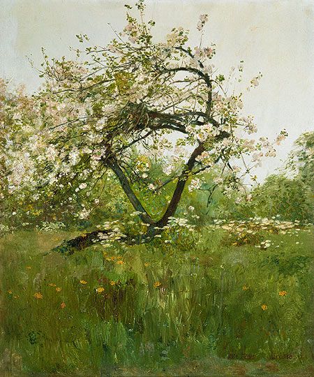 Childe Hassam (American, 1859–1935). Peach Blossoms—Villiers-le-Bel, ca. 1887–89. The Metropolitan Museum of Art, New York. Gift of Mrs. J. Augustus Barnard, 1979 (1979.490.9) | In the three summers from 1887 through 1889, when Hassam was studying art in Paris, he and his wife visited Villiers-le-Bel, about ten miles northeast of the capital in the Oise valley near Écouen. Frederick Childe Hassam, American Impressionism, Childe Hassam, Hur Man Målar, Henri Rousseau, Spring Landscape, Tableau Art, East Hampton, Paul Klee