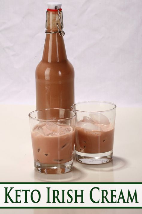 A bottle of keto Irish cream behind 2 short glasses of sugar-free irish cream on ice. Keto Irish Cream Recipe, Keto Baileys Irish Cream Recipe, Making Liquor, Irish Cream Drinks, Infused Alcohol, Keto Beverages, Baileys Irish Cream Recipes, Keto Alcohol, Keto Favorites