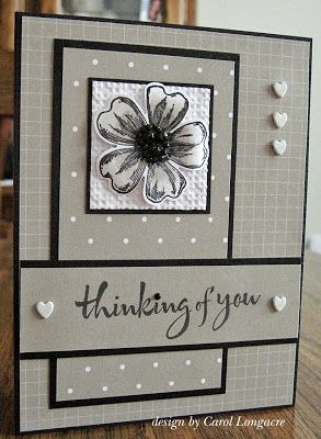 handmade greeting card from Our Little Inspirations: You're In My Thoughts ... Operation Write Home Sketch  Challenge #183 ... Sahara sand (reads gray on my computer which would be great too) with black and white accents ... black mats and ink ... love the script font for the sentiment .,. cute heart buttons balance the design ... coordinated print papers with subtle patterns give a monochromatic feel ... like this card!! ... Stampin' Up! Sympathy Cards Handmade, Making Greeting Cards, Stamping Up Cards, Get Well Cards, E Card, Card Sketches, Card Layout, Floral Cards, Creative Cards