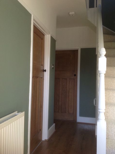 1930s detached hallway crown period promenade green 1930s Picture Rail, 1930s Bedroom Ideas, 1930s Hallway Ideas, Dado Rail Hallway, 1930s Hallway, 1930s Bedroom, Hallways Ideas, Blue Hallway, Hallway Pictures